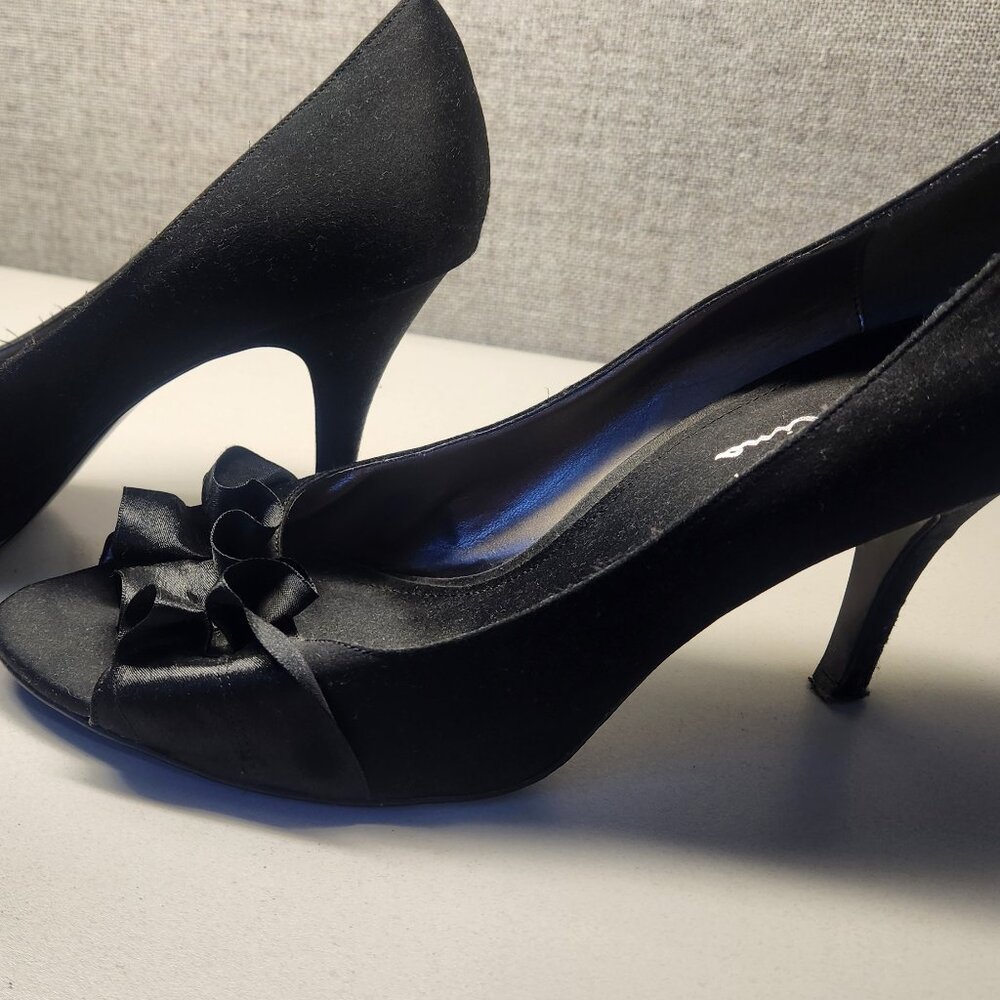 Black Satin Heels with Ruffle Front